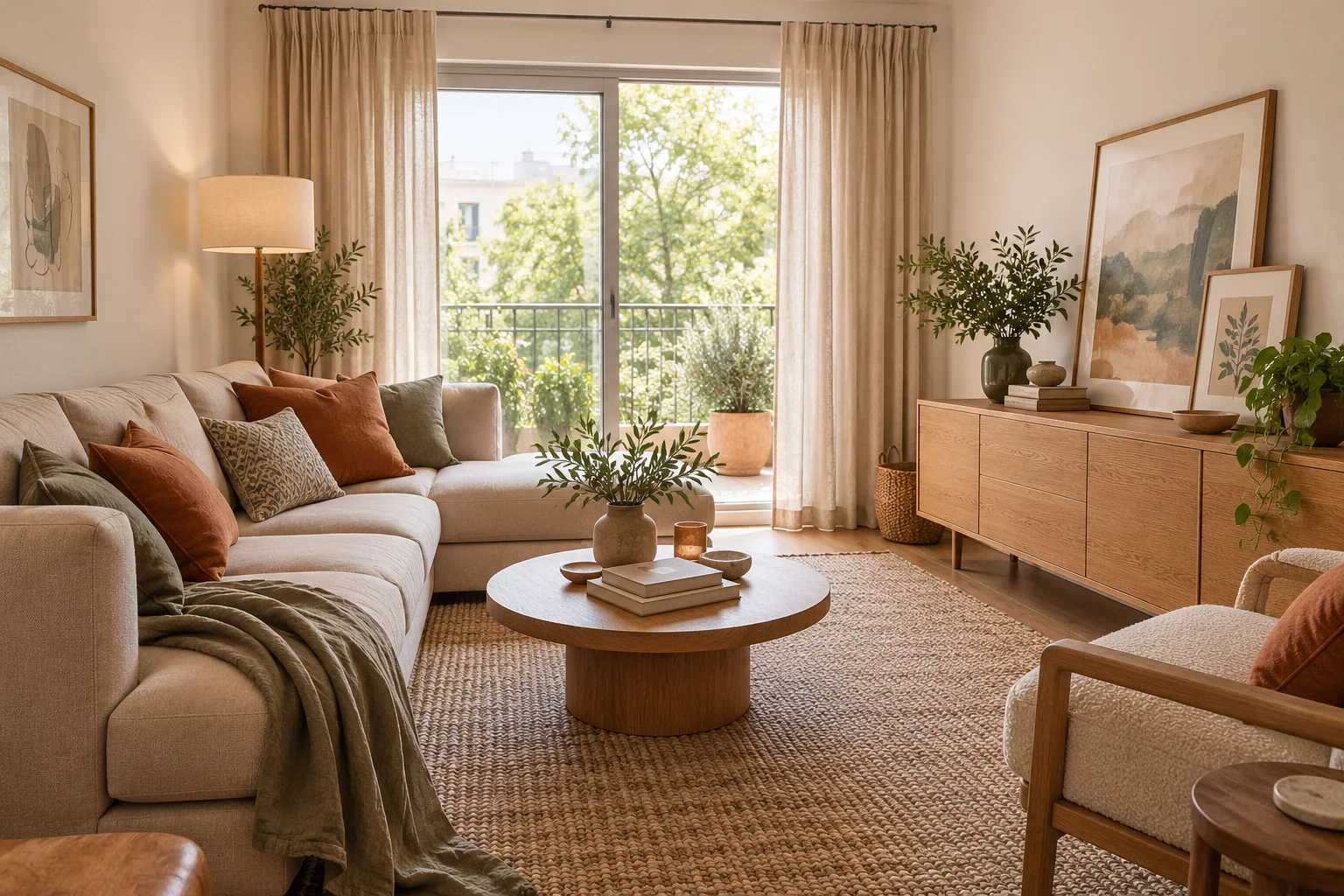 Açık renk duvarlı kiralık salonda yeşil ve kiremit yastıklar, kilim ve taşınabilir mobilyalar